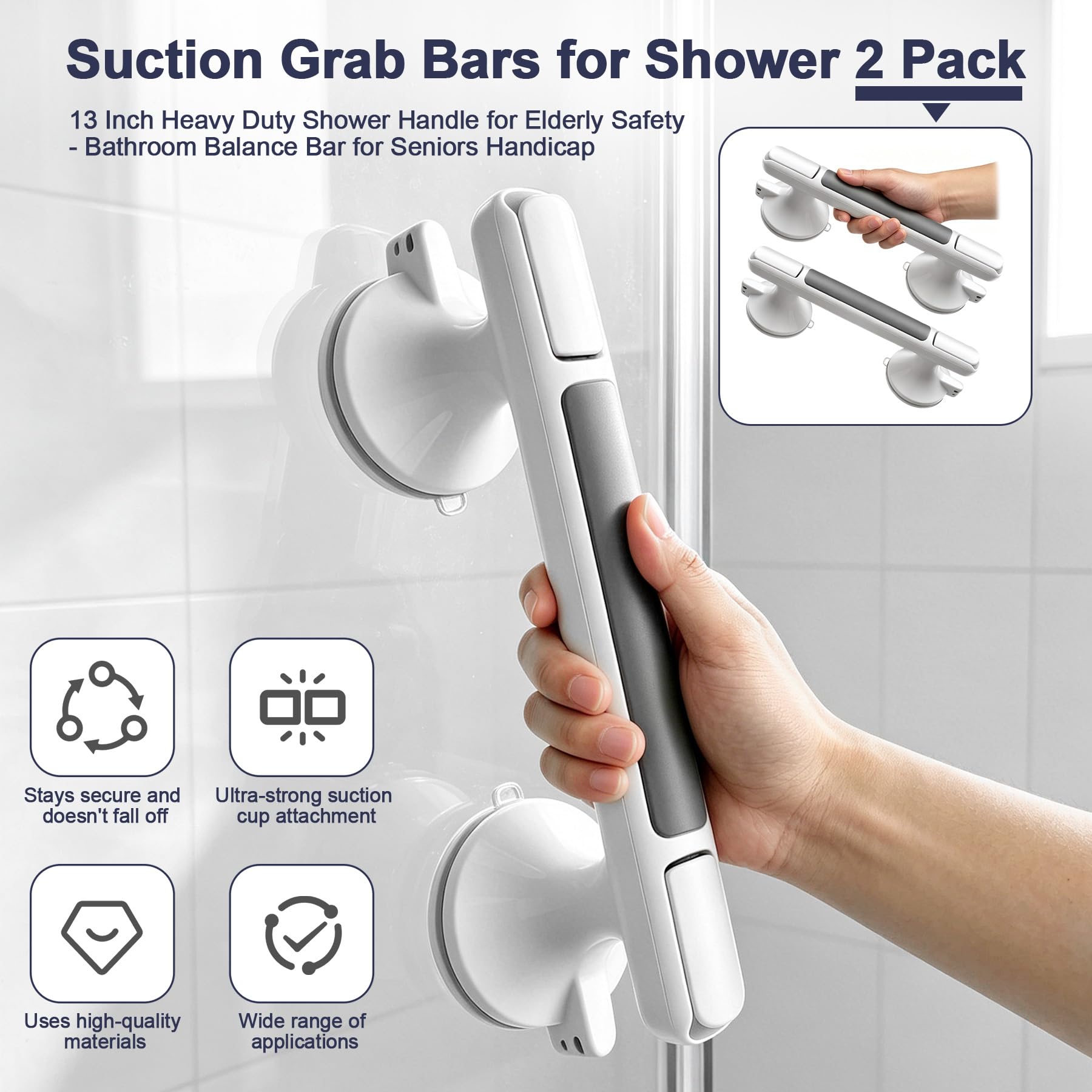 Lot de 2 barres d'appui à ventouse pour douche – Poignée de douche robuste de 33 cm pour la sécurité des personnes âgées – Barre d'équilibre de salle de bain pour personnes âgées handicapées