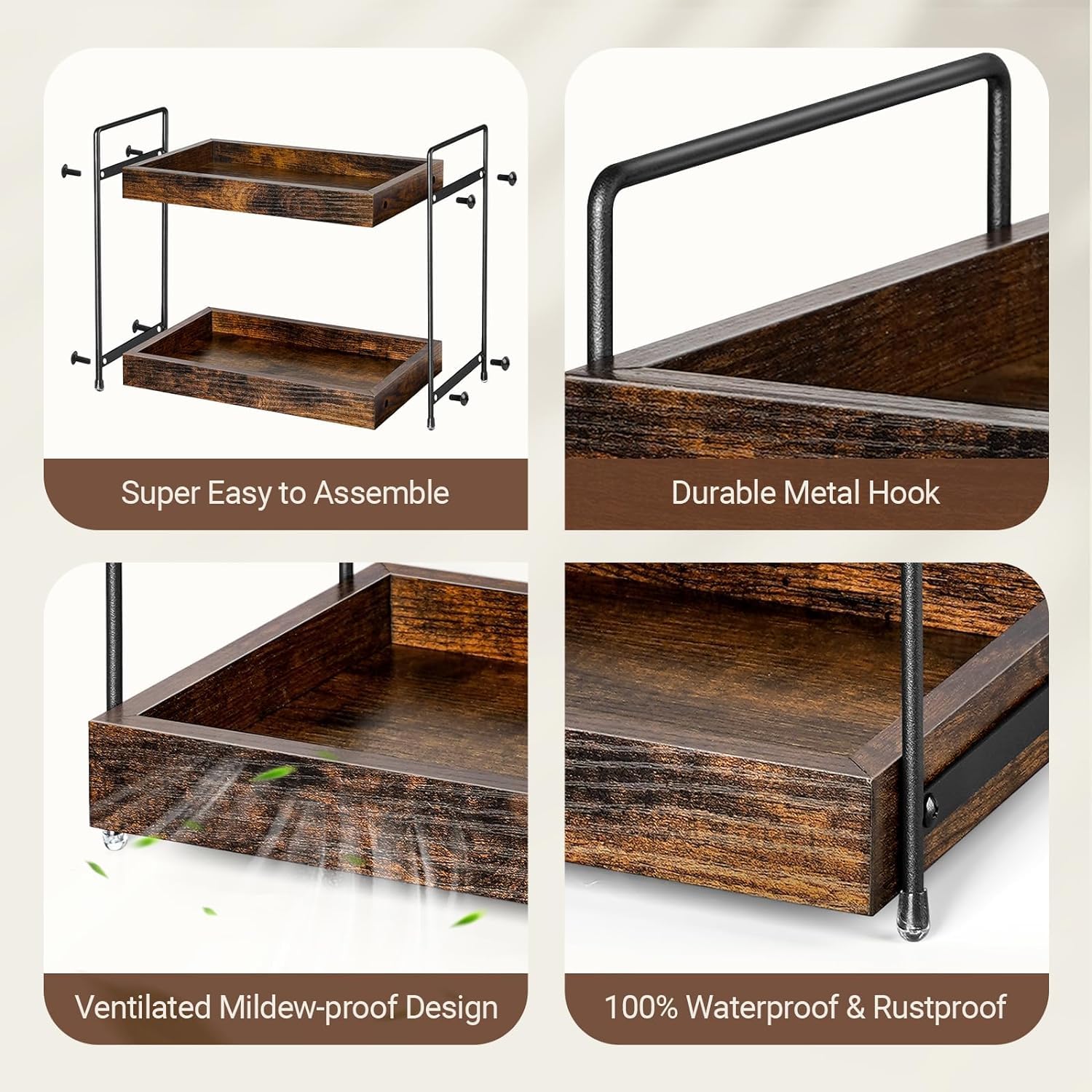 Standregal Holz Arbeitsplatte Küchenregal mit 2 Ebenen Gewürzregal Metallstütze Badzimmer Aufbewahrung Regal Gewürzhalter Gewürzständer Organizer Vanity Tray (Packung mit 2)