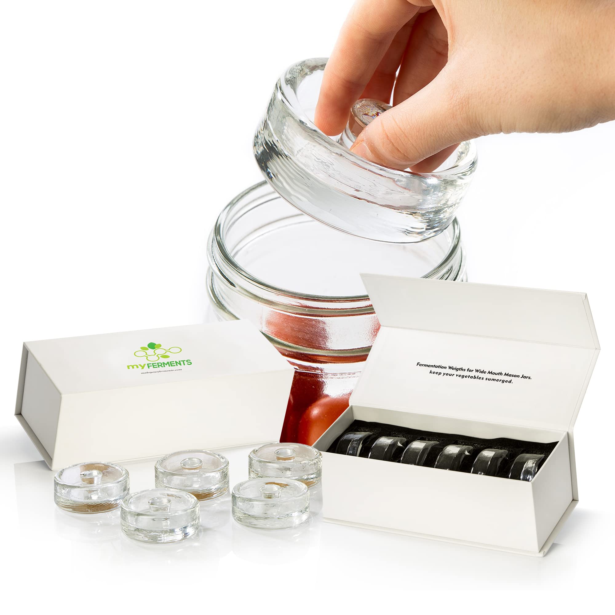 myFERMENTS - Pesi in Vetro per Fermentazione | Mantiene Verdure Sommerse | Diametro 7,2cm per Barattoli a Bocca Larga | Materiale Sicuro per Alimenti, 6 Pack, LARGE, Vetro