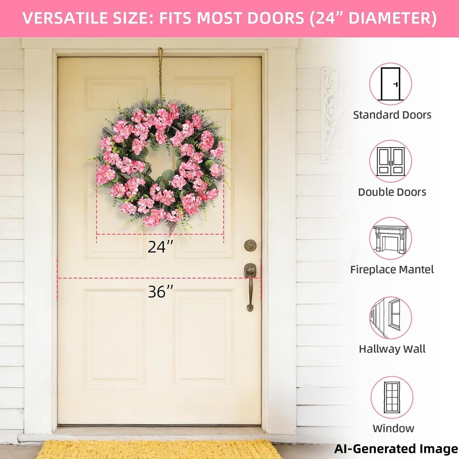 Pink Artificial Geranium Wreath, 22 Inch Spring Summer Wreaths for Front Door with Blessed Hanging Sign, for Rustic Farmhouse Entryway Porch Balcony Decor