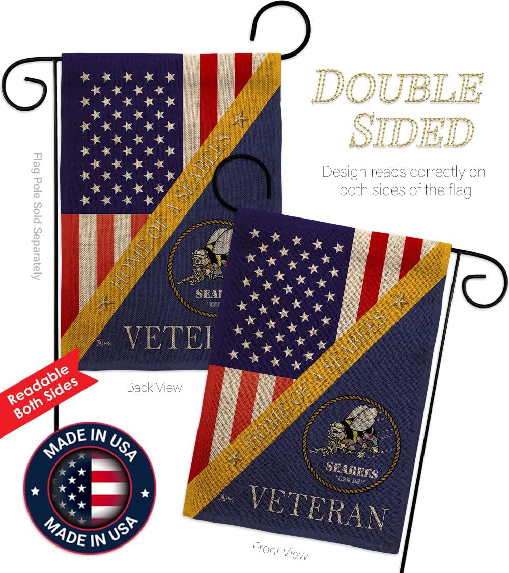Home of Seabees Burlap Garden Flag - Set with Stand Armed Forces Navy USN Seabee United State American Military Veteran Retire Official - House Banner Cemetery Yard Rememberance Veterans Day Gifts