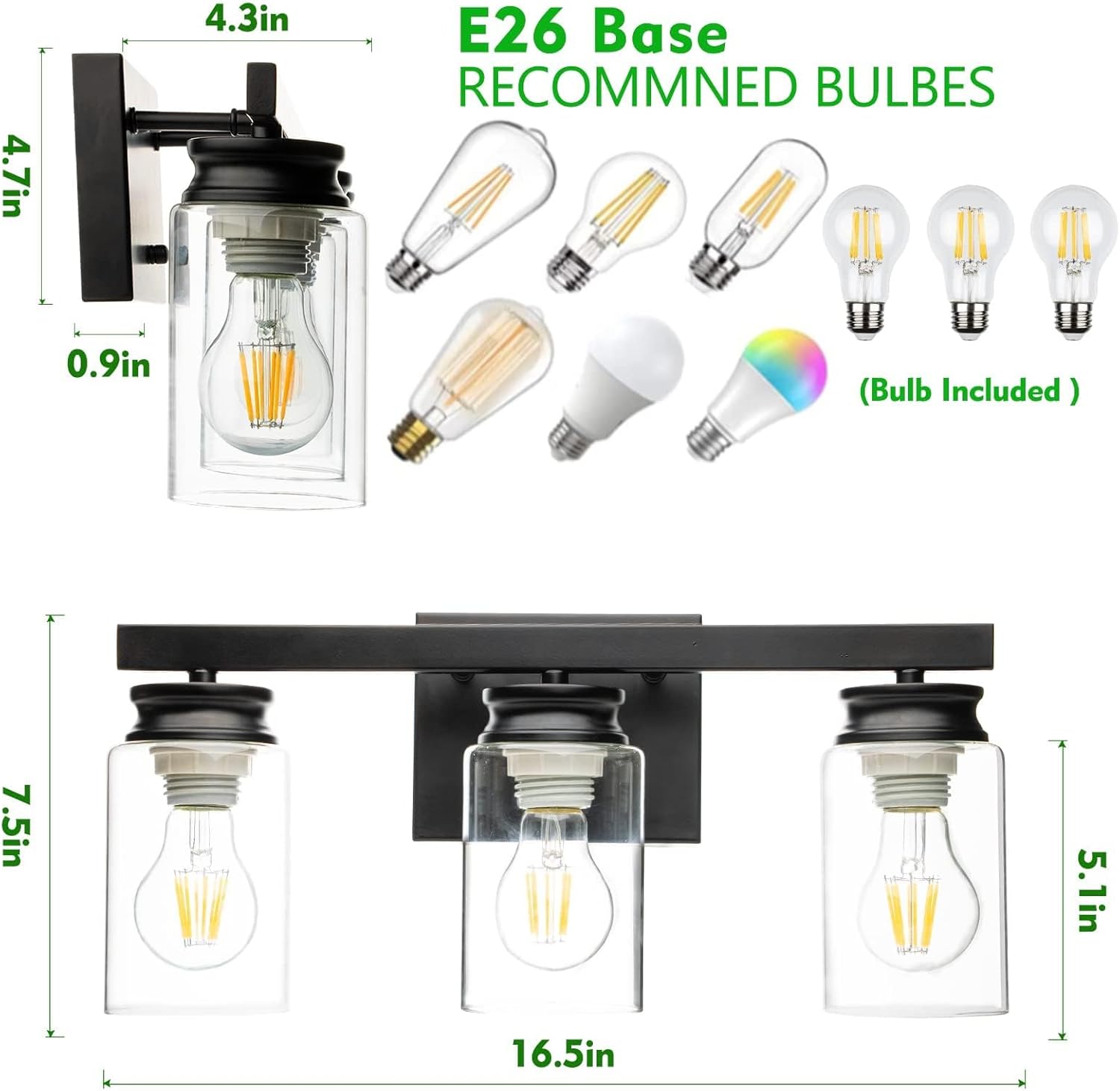 Bathroom Vanity Light, 3-Light Modern Matte Black Wall Sconce Lighting with Clear Glass Shade, Black Wall Lights, Vanity Lighting Over Mirror for Bedroom, Living Room-1Pack