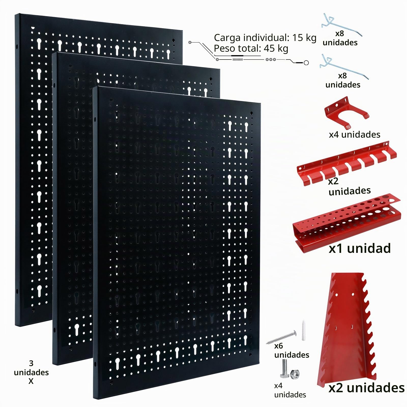 CCLIFE Estantería de bricolaje para pared para herramientas 3 piezas con 25 Soportes Panel perforado para Taller 120 x 60 x 2 cm
