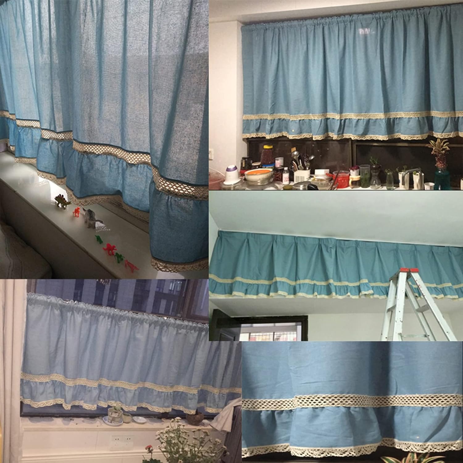 Cotton Linen Kitchen Curtain, Blue Cutwork Tier Curtain Valance Panels Cupboard Stylish Decoration, for Dining/Living Room/Cafe Windows Blackout (Size : W120xH70cm/47.2x27.5in)