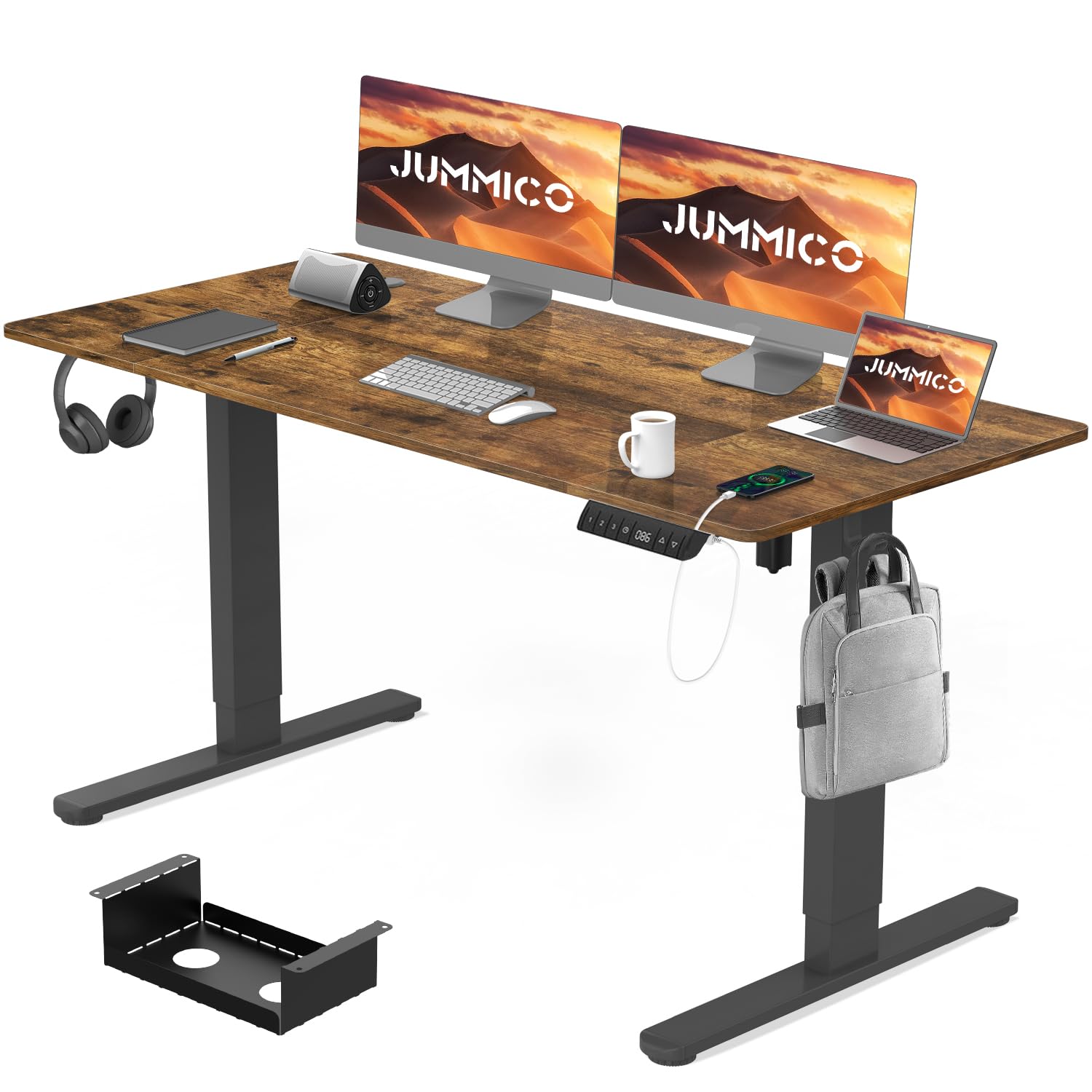 JUMMICO Electric Standing Desk 140x70 cm with Charging Port, Height Adjustable Computer Desk with Cable Tray,Ergonomic Sit Stand up Desk Rising Table Home Office Furniture, Vintage Brown — image 1