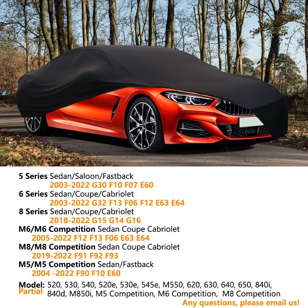 Stretch Satin Indoor Car Cover Compatible with BMW 5 Series M5 Sedan 2003-2025/8 Series M8 2018-2025/6 Series M6, Custom Elastic Soft Dustproof Car Protection for Underground Garage, Car Show