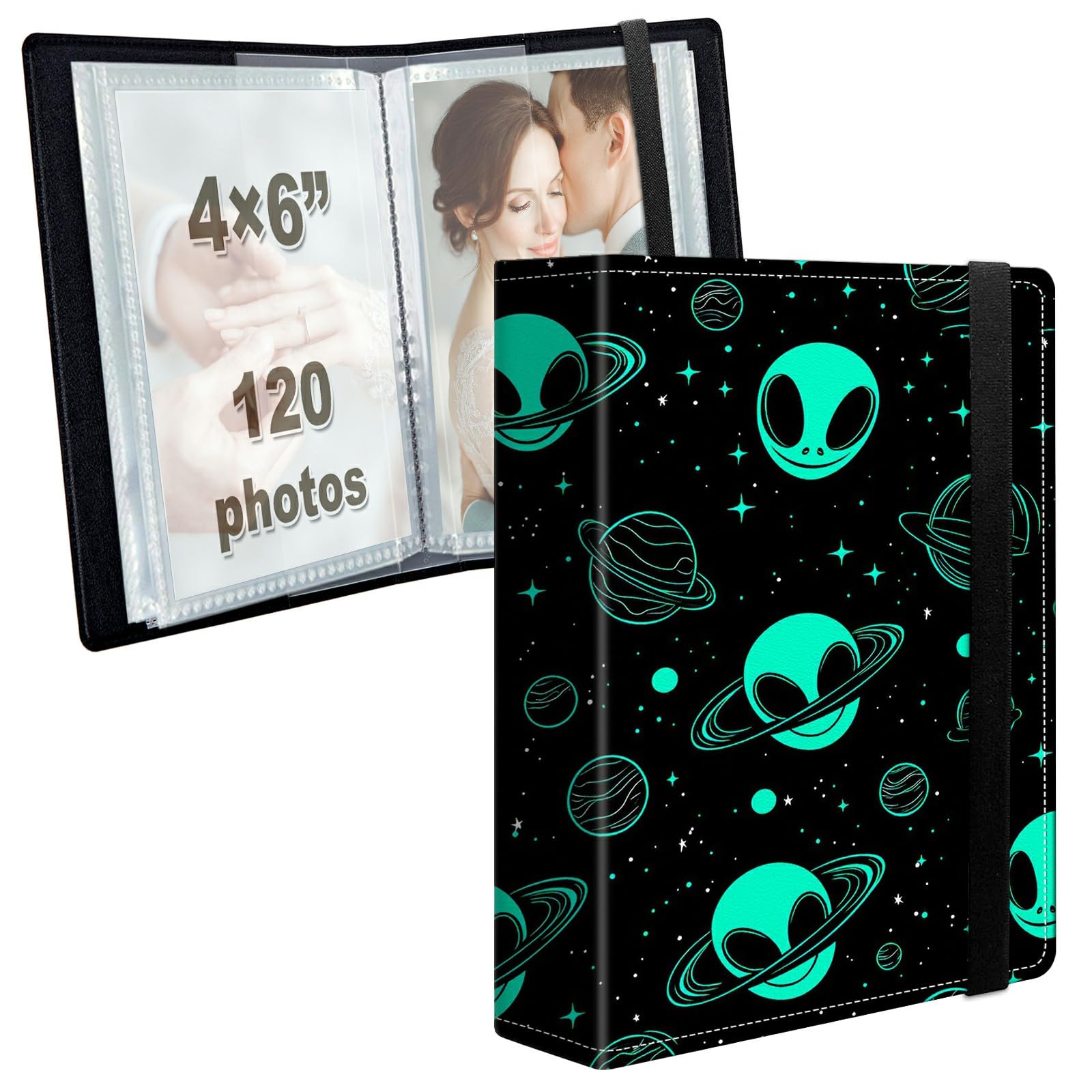Photo Album 4x6 120 Photos with Strong Elastic Band, Green UFO Alien