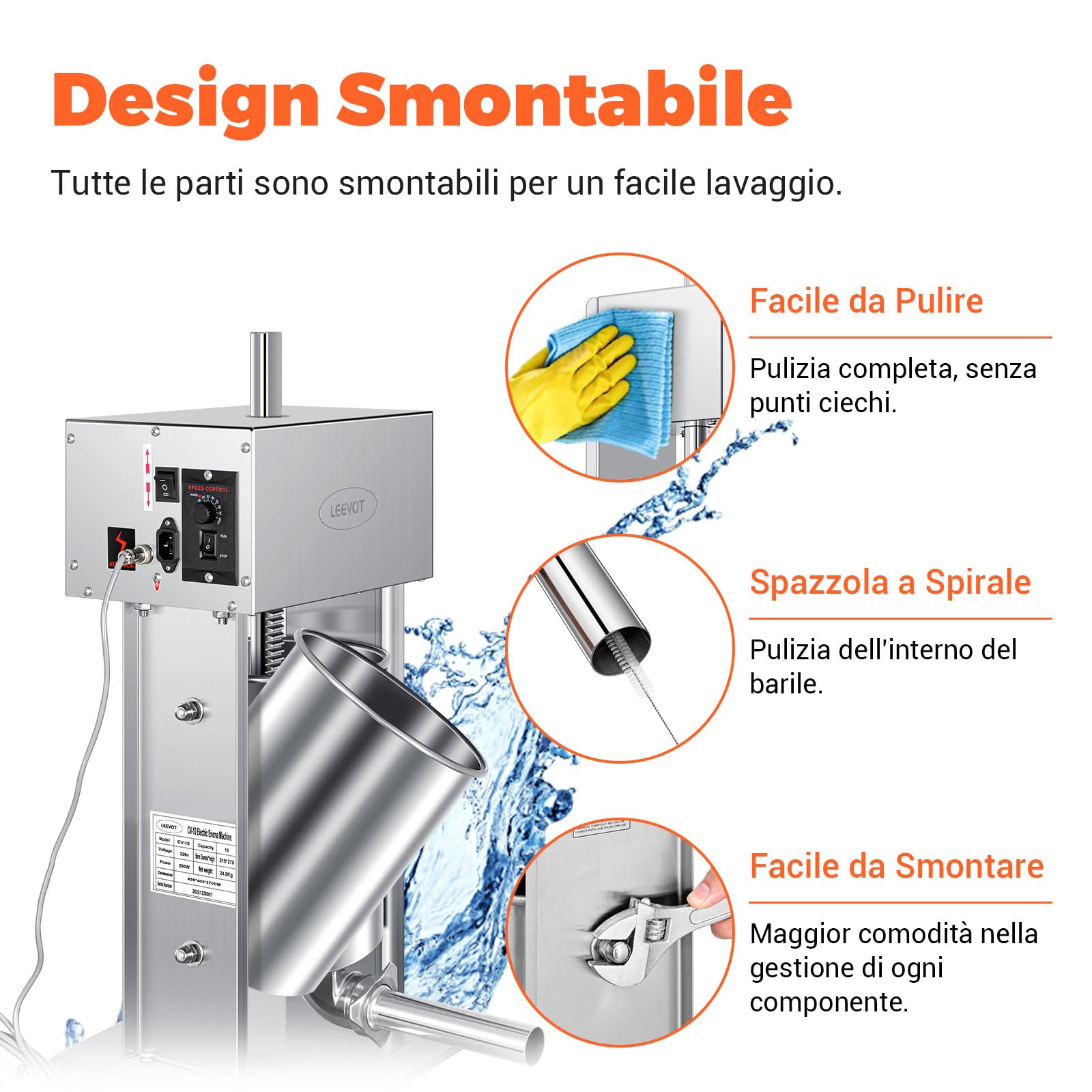 LEEVOT Insaccatrice Elettrica Macchina per Salsiccia Verticale Acciaio Inox (15 L, 240 W, Pedale, tubi di riempimento 16/22/32/38 mm)