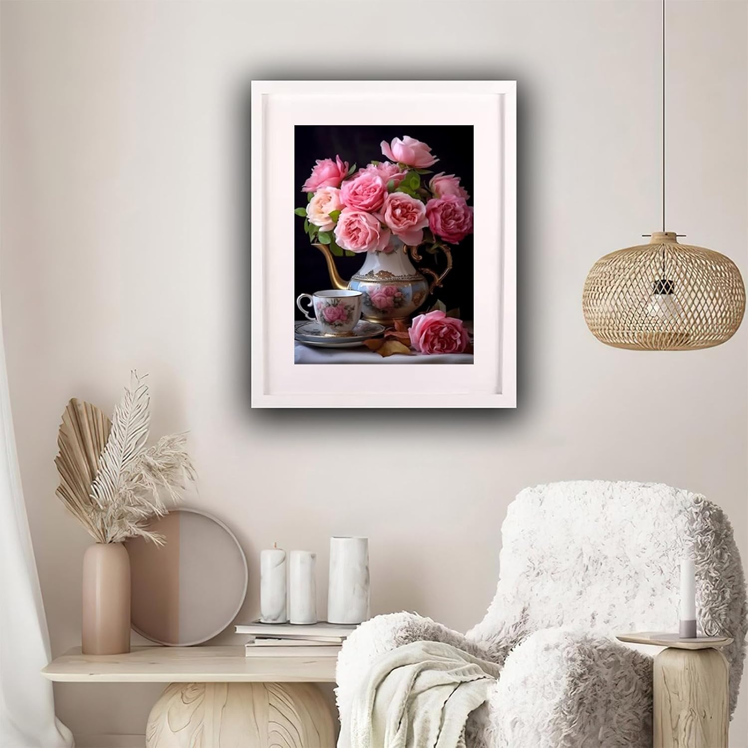 TUTUMAY21 Christmas Gift White Tea Cups Pink Roses Tea Table 5D Diamond Painting Kits for Adults Beginners Floral Round Full Drill Diamond Art, DIY for New Year Valentine's Day 12x16 inch