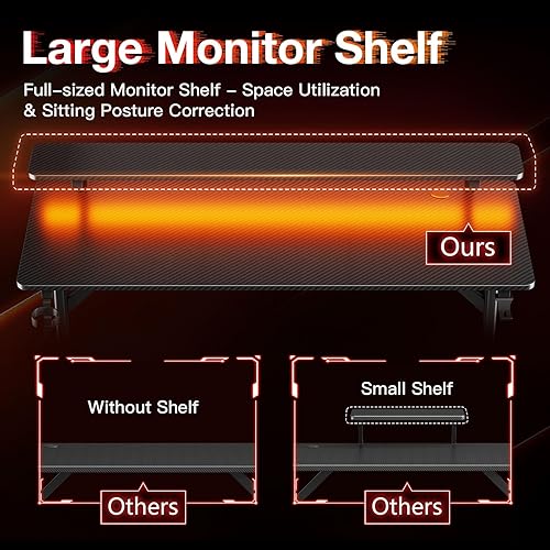 Miniatura 4 de MOTPK Escritorio para juegos de 47 pulgadas con luces LED y tomas de corriente, escritorio de computadora con estante para monitor, escritorio para