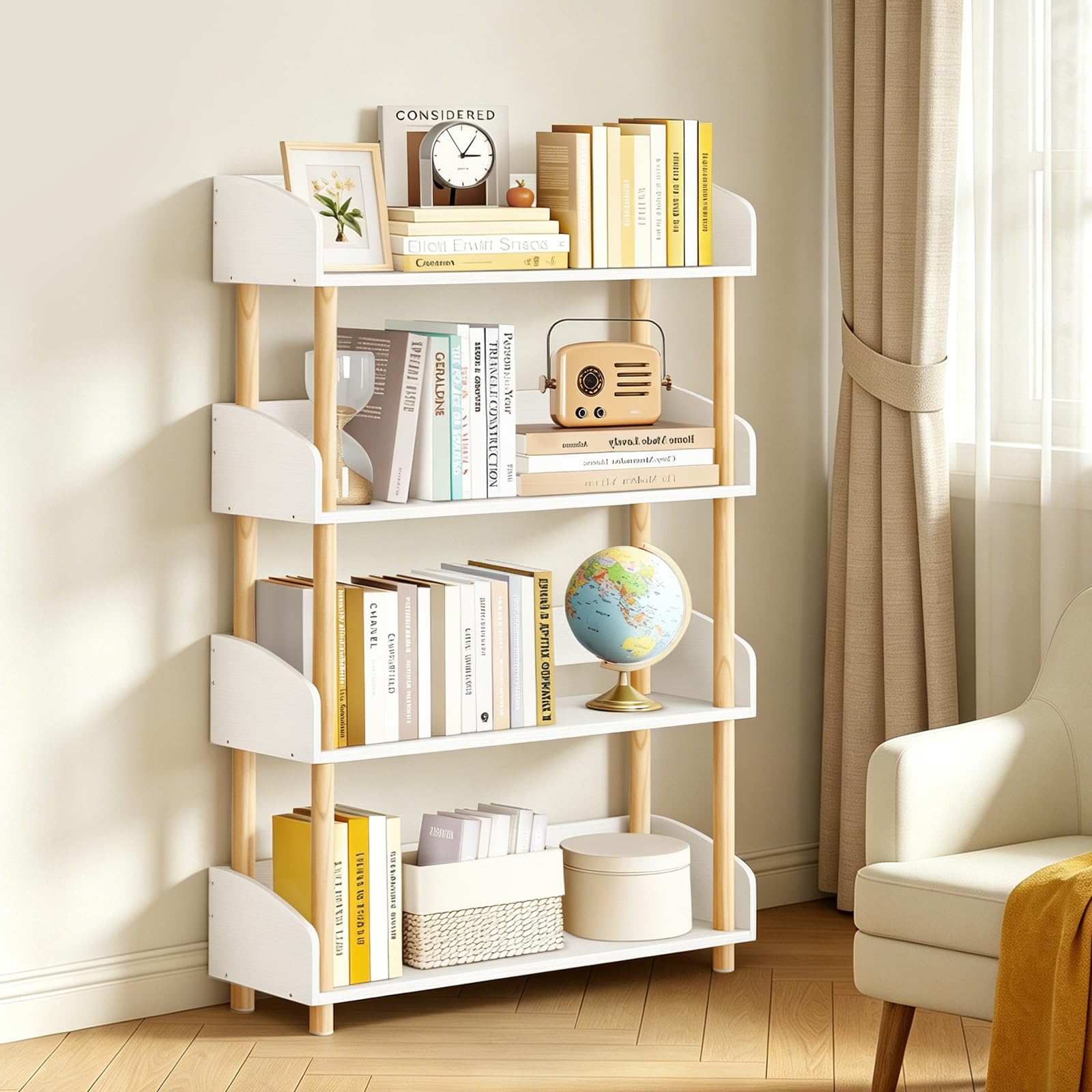 OUTONLIFE 4-Tier Wooden Open Bookcase, Modern Display Bookshelf with Solid Wood Frame and Rounded Corner Design, Storage Organizer for Living Room, Bedroom, Home Office, Balcony (White)