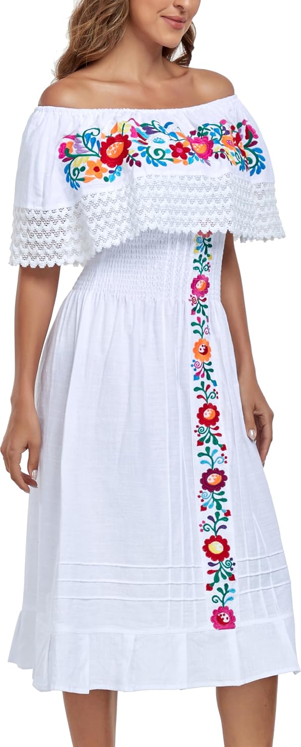 YZXDORWJ Mexican Dress for Women Embroidered Off-Shoulder Lace Dress Fiesta Mexico Boho Floral Dress - Image 5