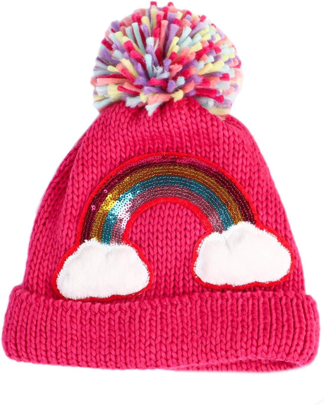 Little Girls Winter Sequin Rainbow Beanie Hat with Pom Pom Knit Cap for Kids Baby Toddler