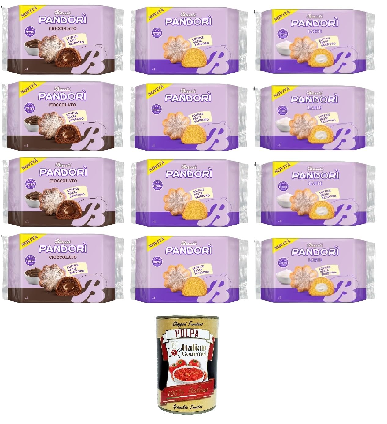 Bauli Testpaket Pandori' Classico,Cioccolato,Latte -Classic, Schokolade, weiches Milch-Pandoro-Gebäck,Spezialität des italienischen Gebäcks 4x150gr 8x178gr + Italian Gourmet polpa 400g