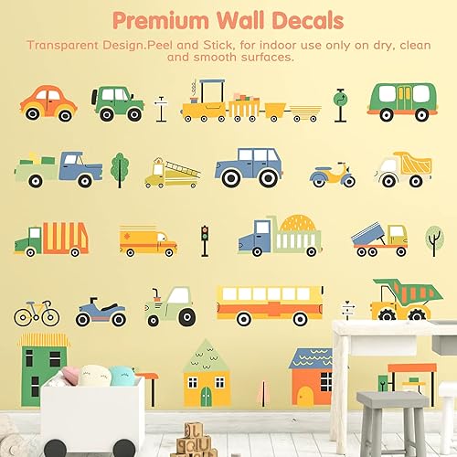 Miniatura 2 de Calcomanías de pared extraíbles de vehículos de ciudad de dibujos animados para decoración de pared de habitación de niños, vehículos de transporte,