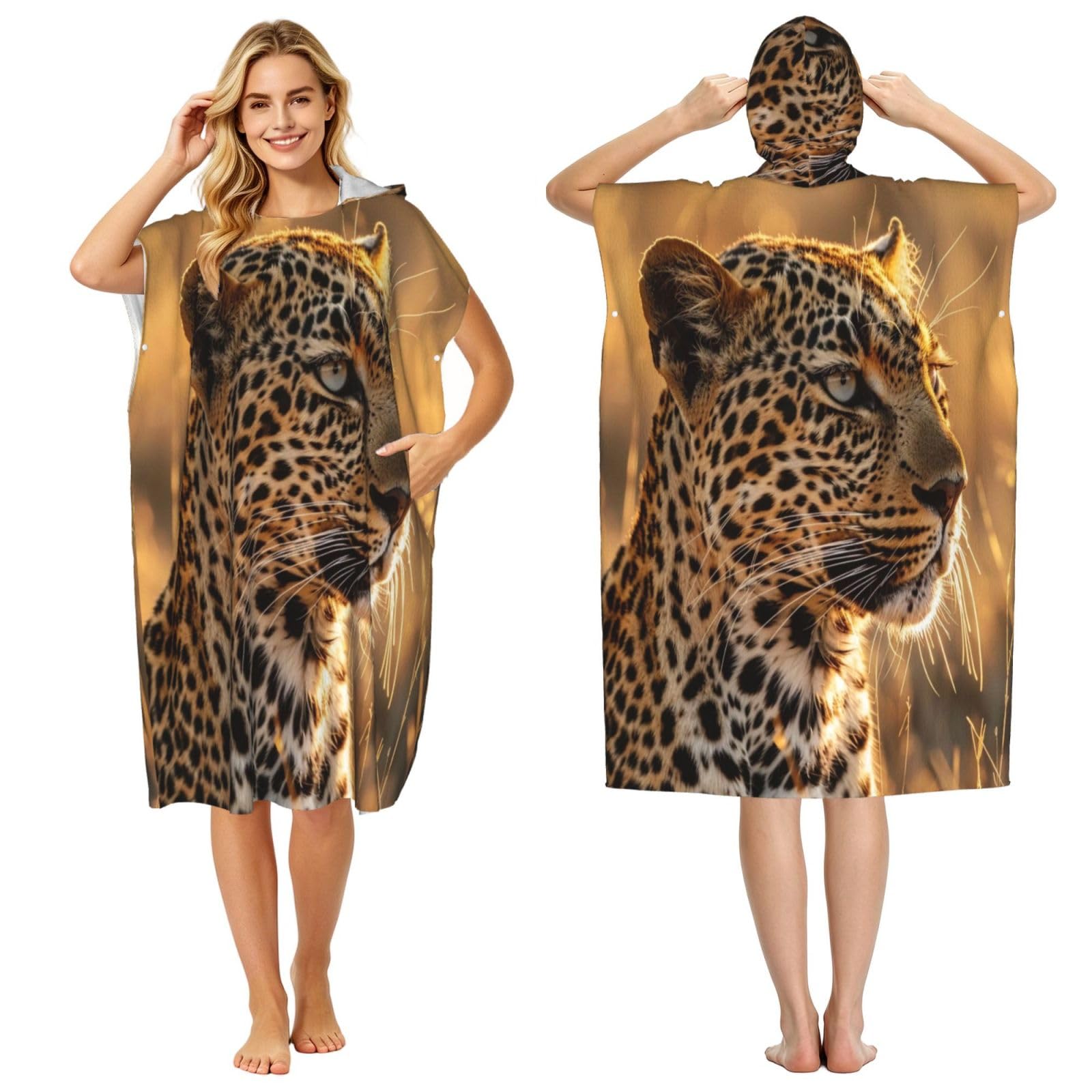 KLGRTJHK Leopard Adult Hooded Beach Poncho Towel 43"X35"