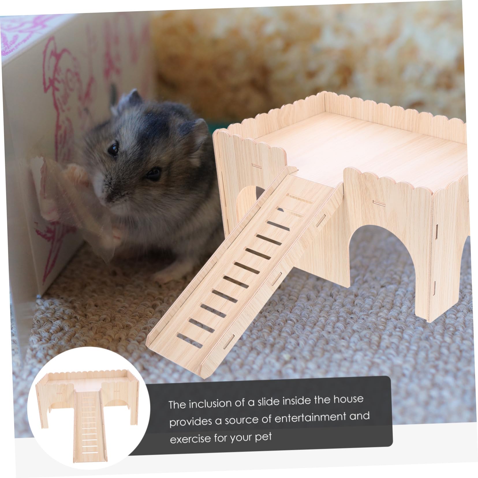Hamsterholzhaus mit Rutsche, Abnehmbar, Beige, Holz
