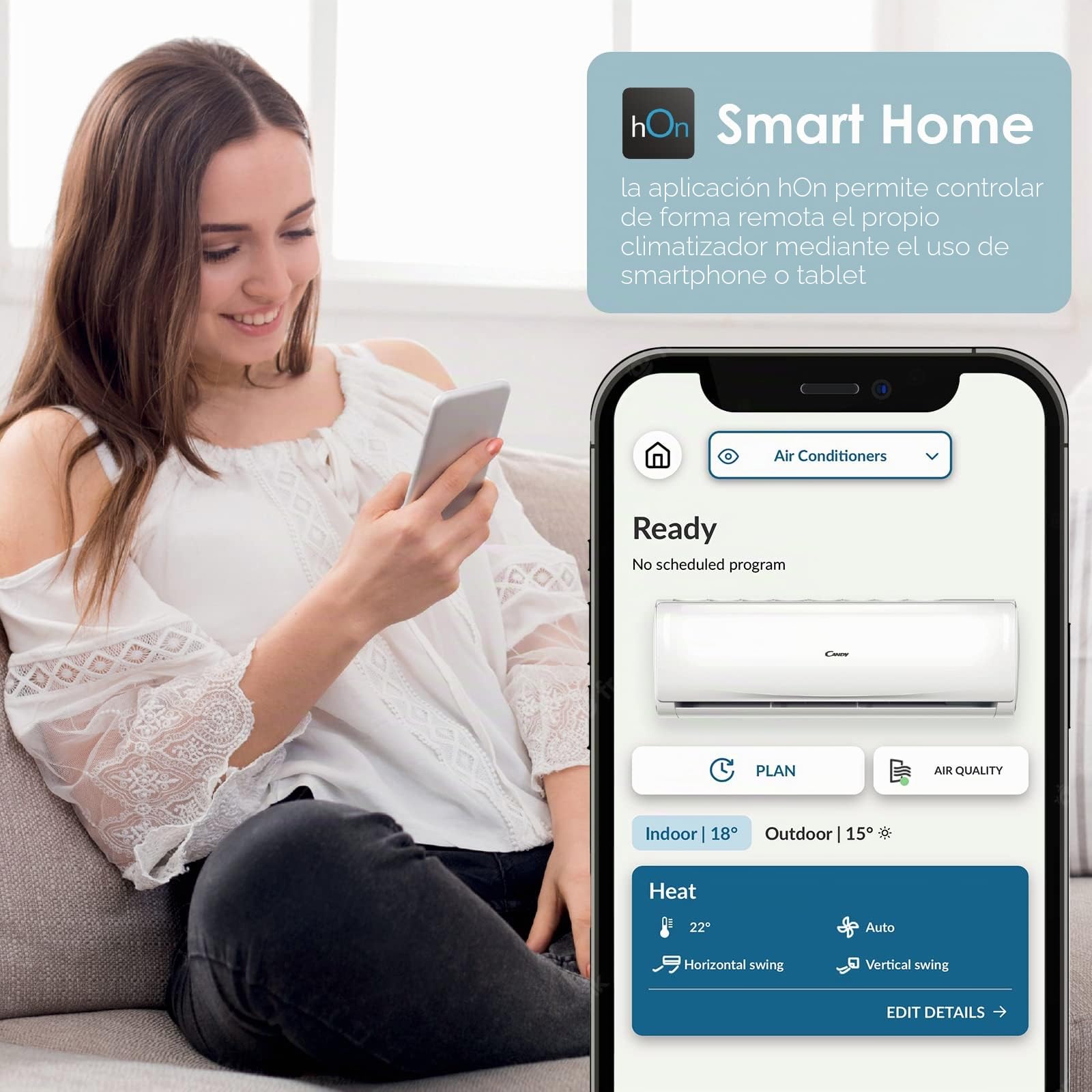 Candy Pure Aire acondicionado inteligente, climatizador monosplit con unidad exterior e interior 12 000 BTU, 20 dBA, con bomba de calor para aire caliente, Self-Clean y control remoto con app