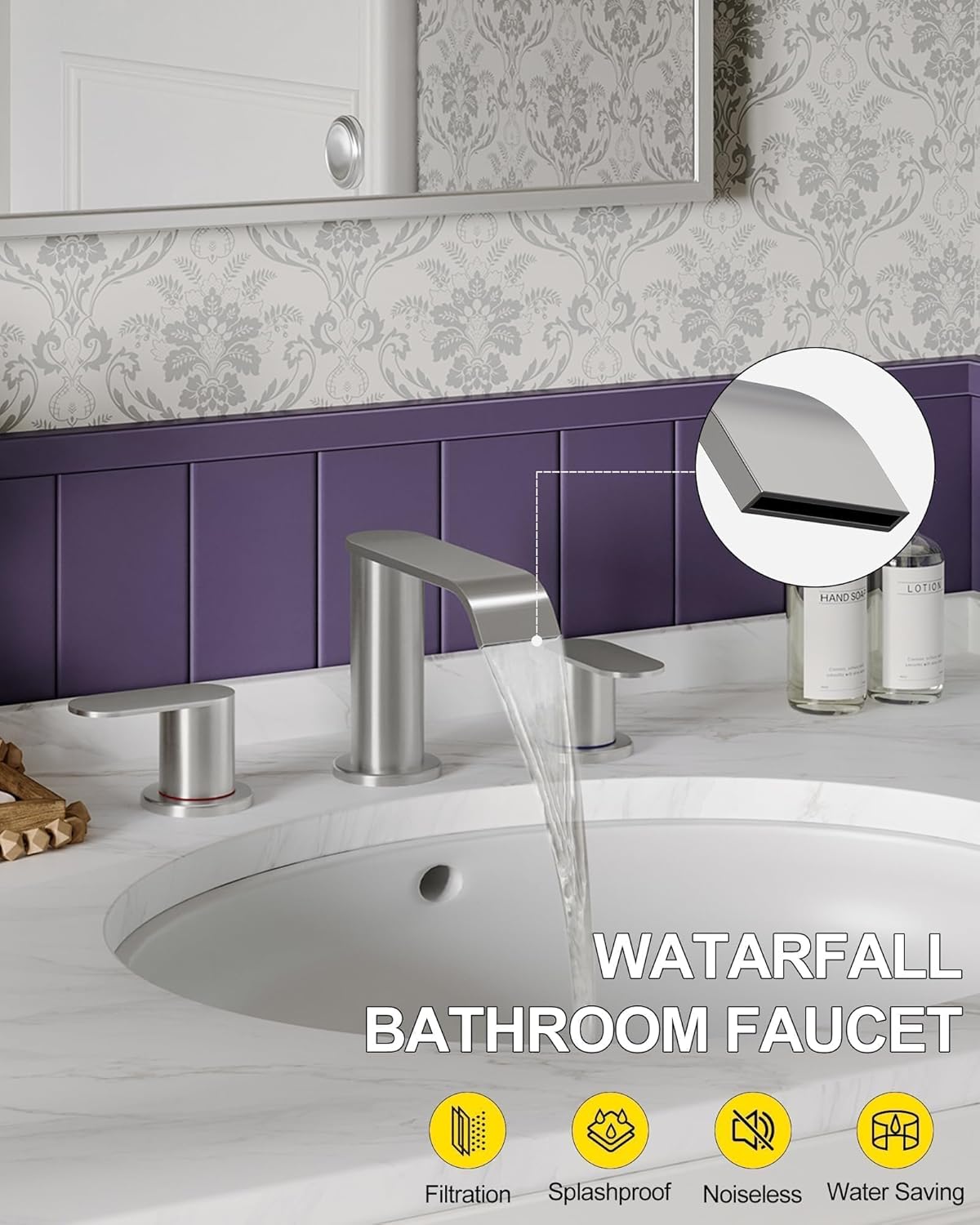 Homevacious Brushed Nickel Waterfall Bathroom Faucet for Sink 3 Hole Widespread Bathroom Sink Faucets with Pop-up Drain and Supply Lines Stainless Steel 2-Handle Bathroom Sink Faucet for Bath Vanity - Image 2