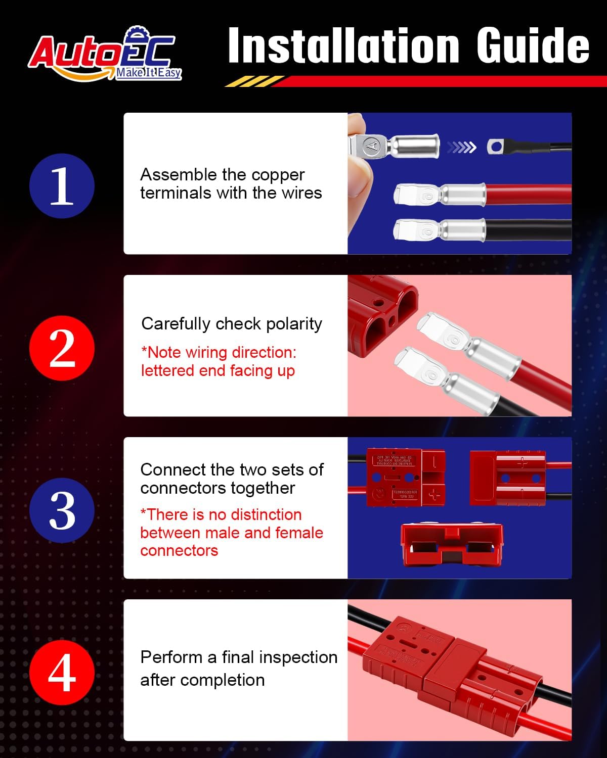 2 Pcs 50A-600V Battery Quick Connect, Compatible with Anderson Connector Plug with 1.64FT 8AWG Silicone Wire, Compatible with Anderson Connectors Kit for RV, Boat, Trailer, Winch, ATV, Crane