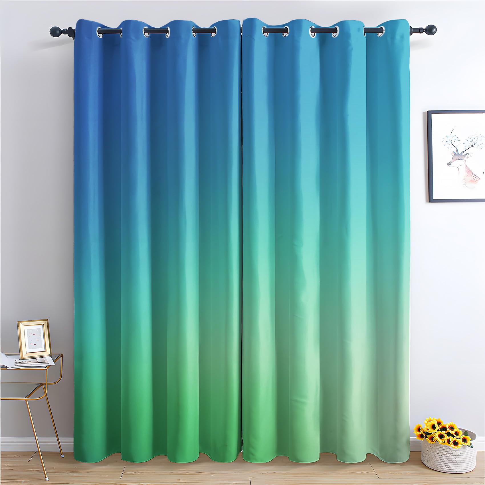 Zcwl Blue Turquoise Green Ombre Curtains For Bedroom Living Room, Gradient Patterned Blackout Curtains, Thermal Insulated Eyelet Curtain, 90 Drop Window Treatments Drapes, 66X90 Inch (W X L), 2 Panels