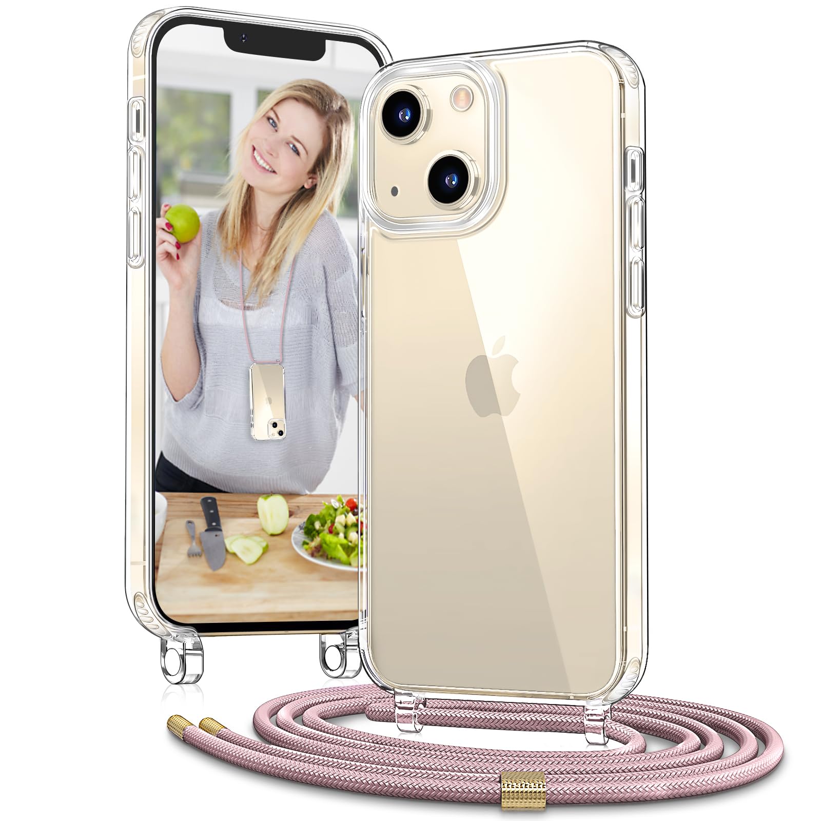 Vaykwo Handykette für Apple iPhone 12 Hülle mit Band und iPhone 12 Pro Hülle mit Band - Necklace Handyhülle - Transparente Case zum Umhängen mit Kameraschutz und Bildschirmschutz - Rosa