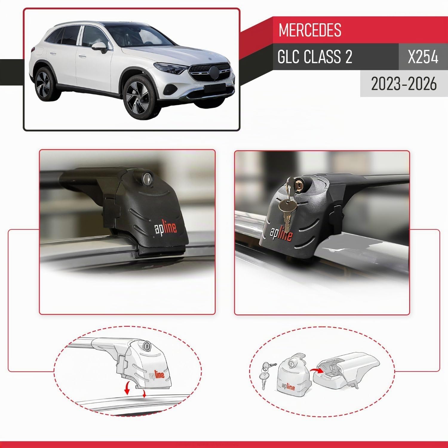 Compatibile con Mercedes GLC Class 2 (X254) 2023-2026 Modello ACE-2 Barre Tetto Portapacchi Auto Barre Portatutto Nero Alluminio 2 Barre