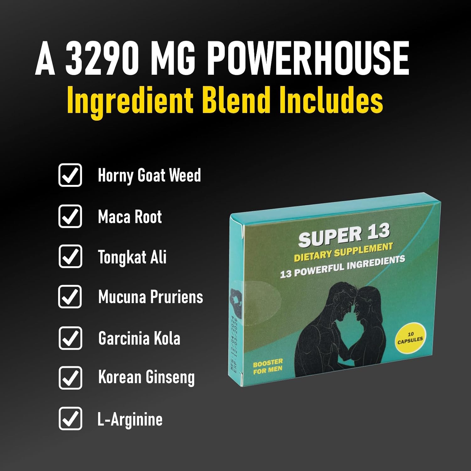 Super 13 Fast Acting Herbal Male Supplement for Men. 13 Potent Ingredients - Horny Goat Weed Tongkat Ali Maca & More for Energy Vitality Stamina Endurance and Performance Enhancer Pills 10 Caps - Image 9