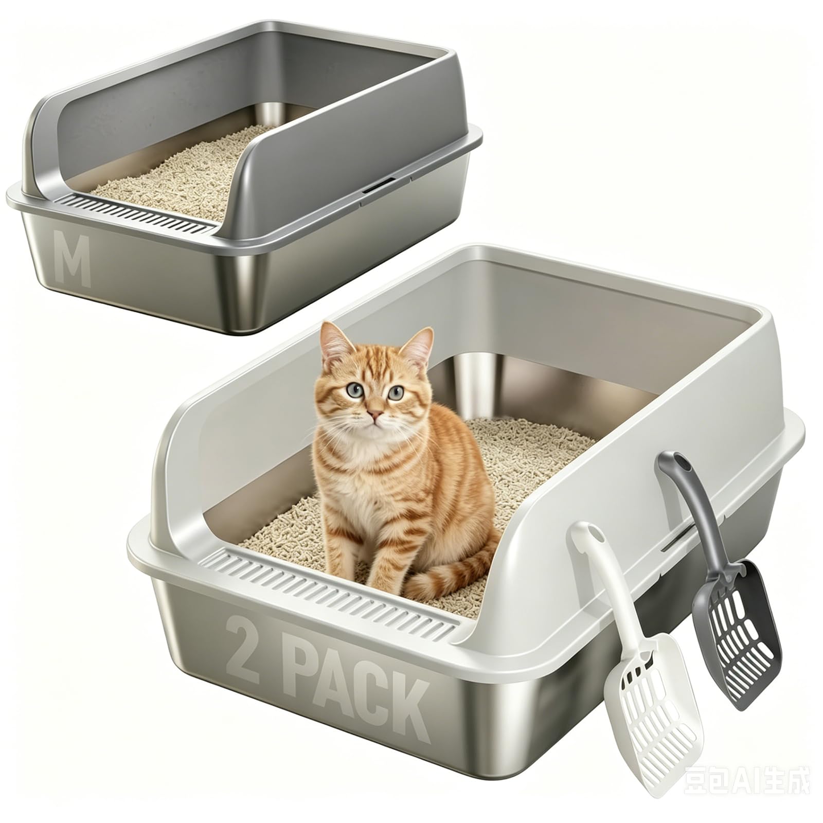 Juego de 2 Cajas de Arena para Gatos de Acero Inoxidable, con Borde Alto, 60 x 40 x 20 cm, Pala para areneros (Medium)