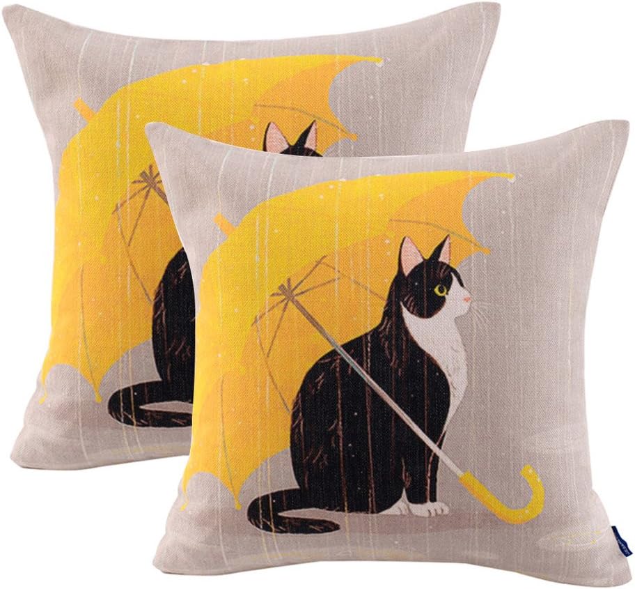 JES&MEDIS Set of 2 Cute Cat Theme Print Square Throw Pillow Cover Cotton Linen Spring Home Decorative Cushion Case for Bed Office Car 18 x 18 Inches, Yellow Umbrella Cat