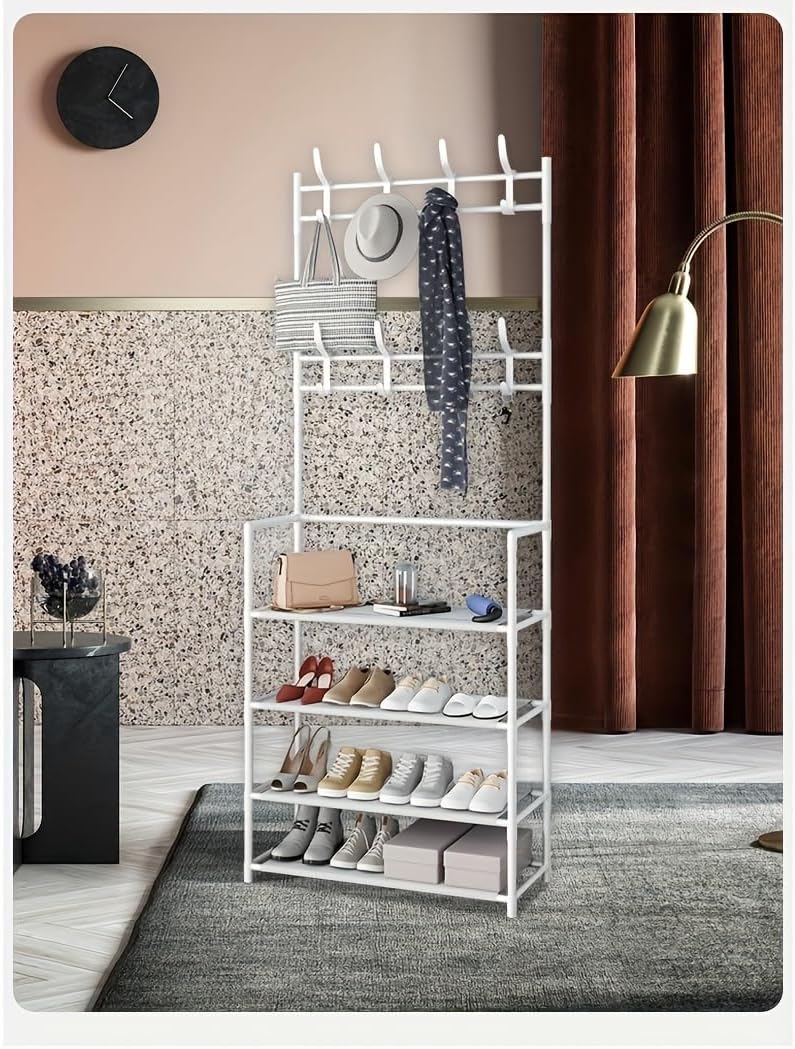 1pc Free Standing Shoe Rack, Multi-layer Metal Shoe Cap Rack With 8 Double Hooks For Living Room, Bathroom, Hallway