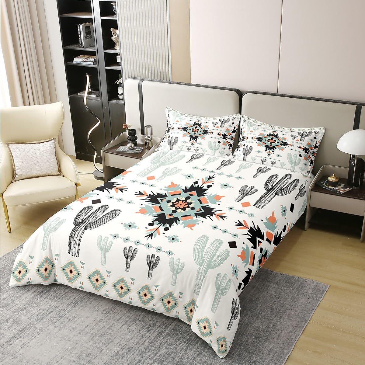 100% Cotton Western Decor Aztec Duvet Cover Set Queen Size Southwestern Geometric Tribal Style Bedding Set,Tribe Bed Set Black and Green Cactus Design Comforter Cover for Kids and Adults