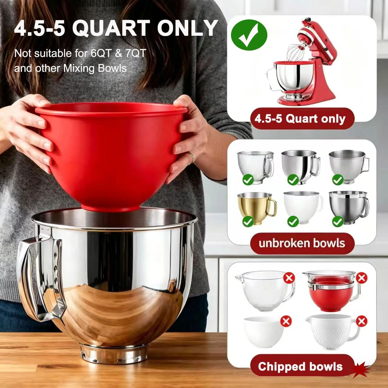 Silicone Bowl Insert Liners for KitchenAid Tilt-Head 4.5-5 Qt Stand Mixers –Set of 3 with Lids – Replacement Mixer Accessories – Not for Bowl-Lift Models