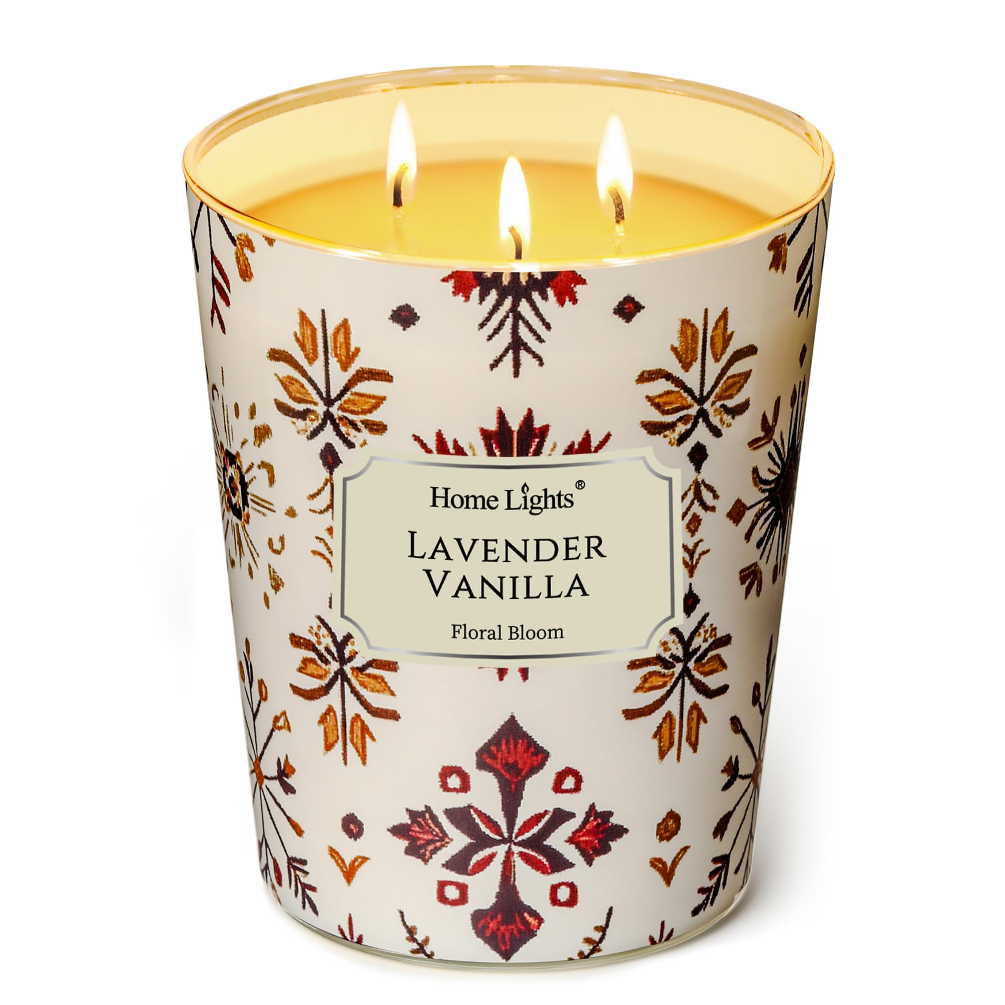 Home Lights Large jar Candle, 3-Wick Long-Lasting Scented Candles, 34oz Natural Soy Wax Candle for Home Scented, Bohemian Natural Textures Gifts for Women &amp; Men, Lavender Vanilla