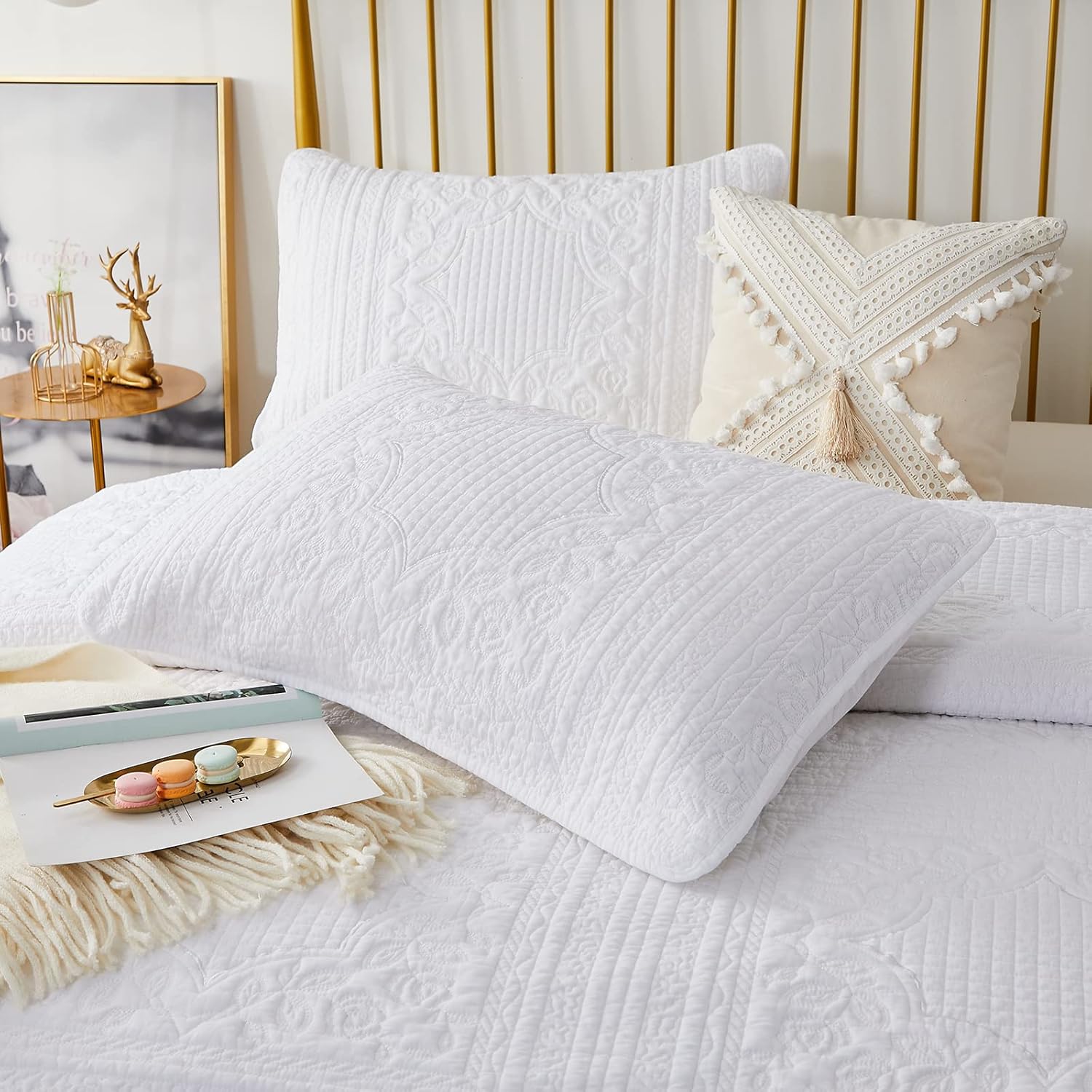 Brandream White Quilt King Size Cotton Matelasse Coverlet Set Farmhouse Quilts 3-Piece - Image 4