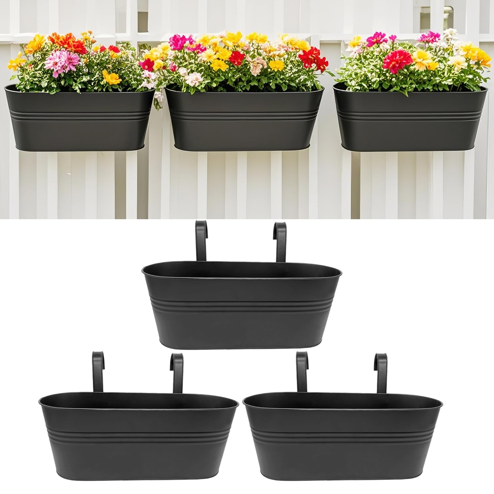 Hniuyun Metal Hanging Planters, 3 Pcs Outdoor Flower Pots for Railings, Fences - 16 Inch Bucket Plant Holders with Detachable Hooks, Garden & Home Decor, Black