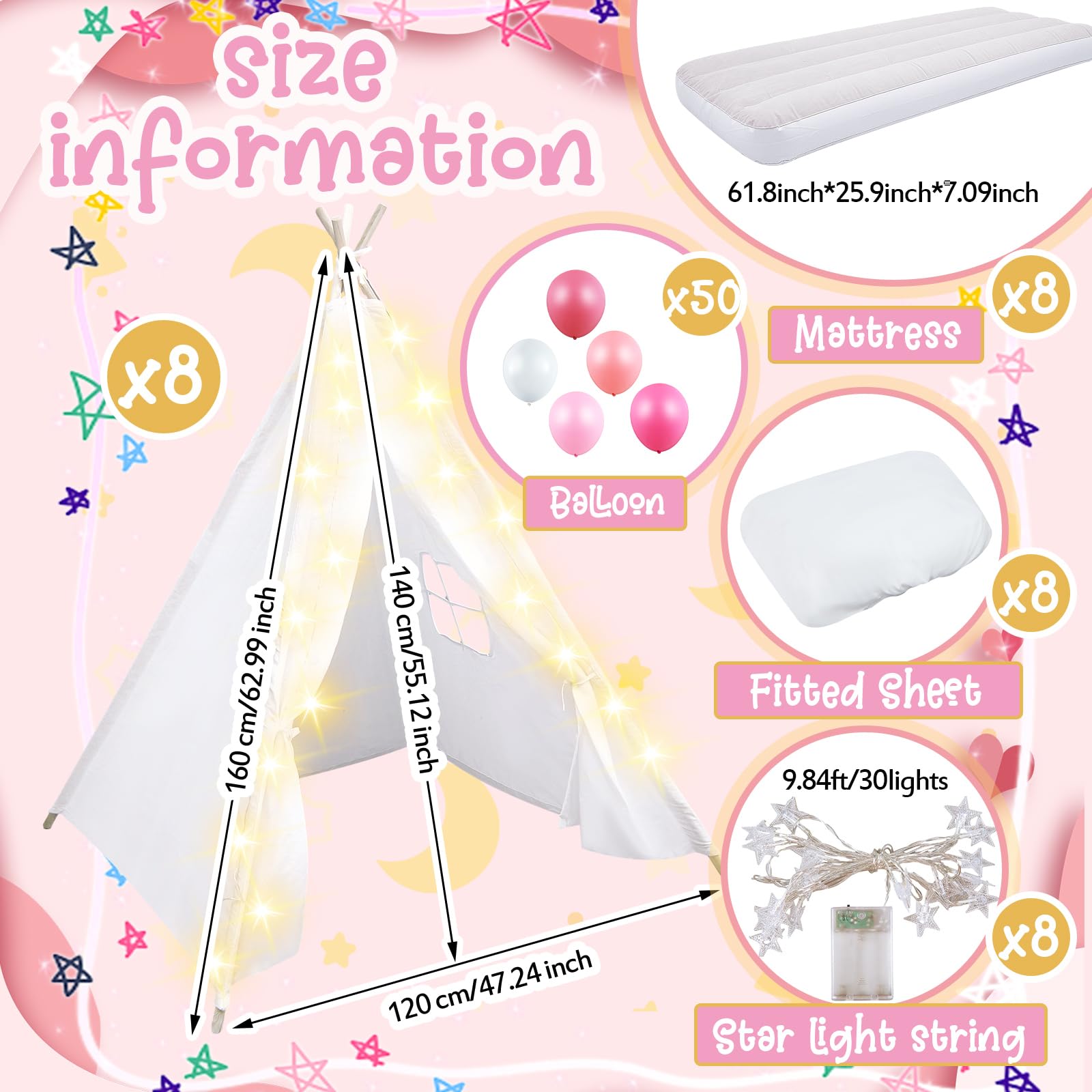 Paquete de 8 tiendas de campaña para fiestas de niñas, tipi para fiestas de pijamas infantiles, a granel con cuerda de luz, colchón de aire, sábana bajera, algodón natural lavable, tipi para 2