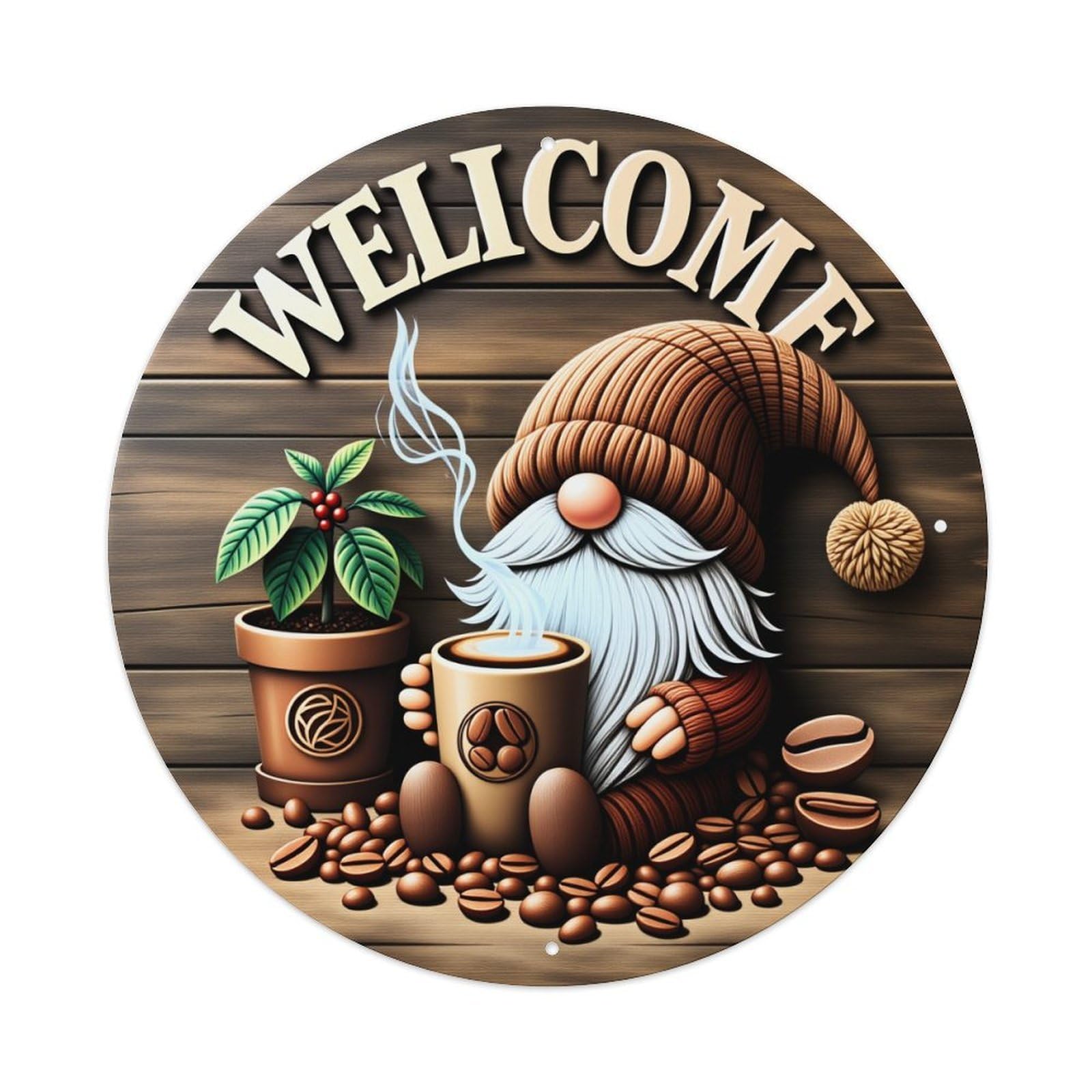 Gnome Coffee Plant Welcome Sign Metal Tin Sign Vintage Garden Bedroom Cafe Bar Man Cave Home Wall Decor Metal Poster 8x8 inches