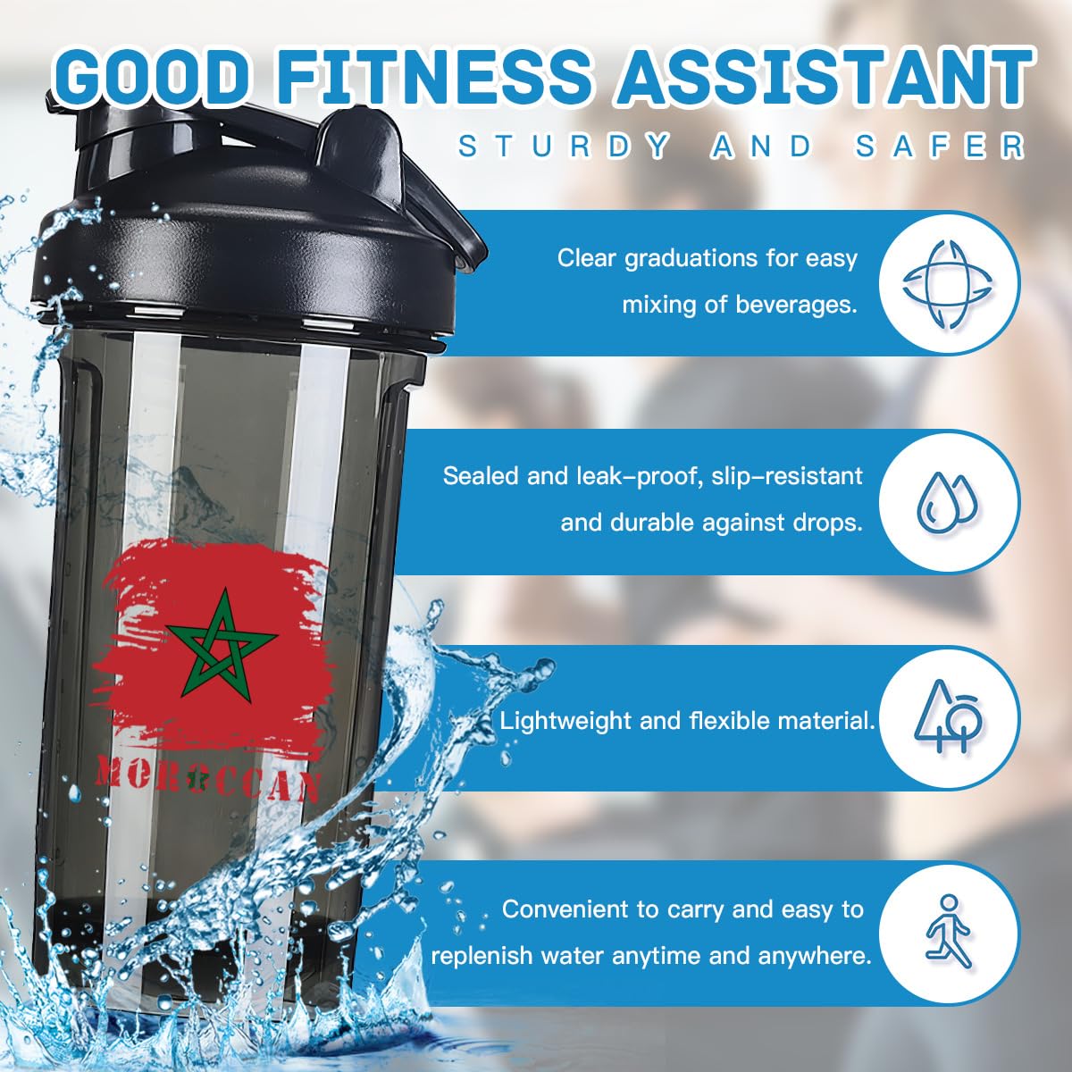 Vintage Moroccan Moroccans Flag 18 Ounce Shaker Cup,Fashion Theme Pattern Shaker Bottle Leak-proof Workout Shake Bottles 500ML/18 oz Perfect for Pre Workout
