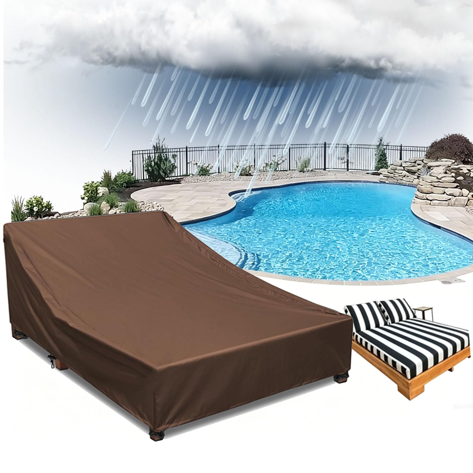 Waterproof Patio Rattan Two People Lounger Chair Cover,Outdoor Sun Lounger Covers Heavy Duty Outside Garden Two People Sunbed Cover Windproof Anti-UV with Adjustab(Size:210D-209x145x28cm,Color:Coffee)