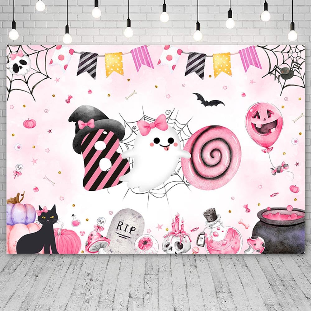 Pinker Halloween-Hintergrund 180x110 Cm – Niedliche Geister, Partydeko, Banner, Foto-Hintergrund