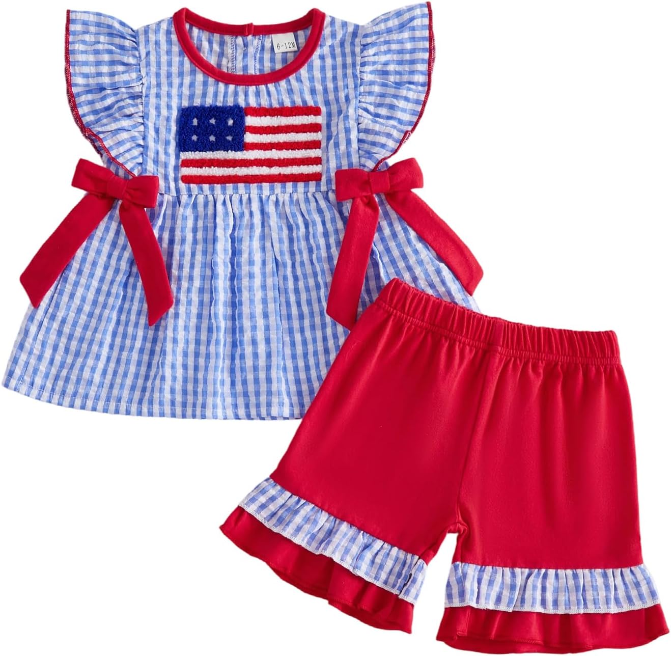 4th of July Baby Girl Outfits Toddler Summer Clothes American Flag Plaid Sleeveless Ruffle T-shirt Shorts Set