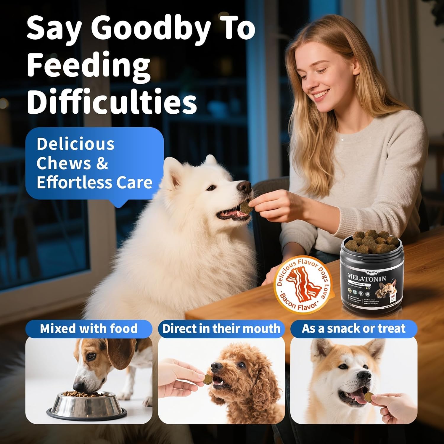 Dog Melatonin Calming Chews for Nighttime Sleep, Natural Relaxation & Stress Support for Dogs & Puppies Calming Treats, Barking, Separation, Anxiety, Fireworks, Upgraded Bacon Flavor, 90Ct