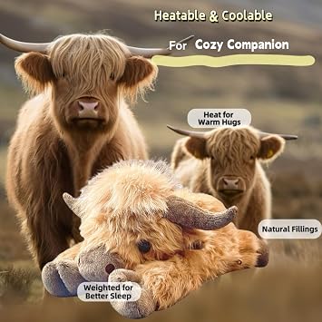 uoozii 20 | 4 Pounds Highland Cow Weighted Stuffed Animals with Unscented Microwavable Heating Pad, Cute Coolable Heatable Weighted Plush Warm Gift for Kids & Adults