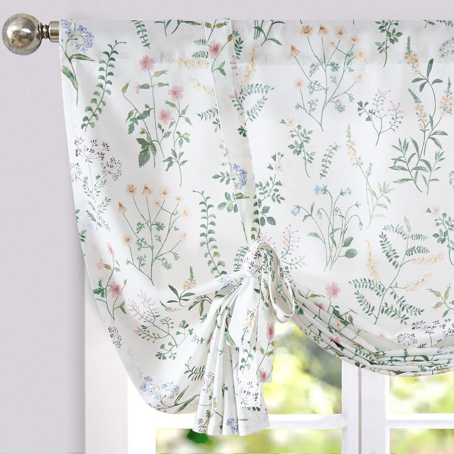 jinchan Floral Tie Up Linen Valance for Windows – Farmhouse 45 Inch Botanical Valance – Colorful Flower Kitchen Window Treatment for Living Room & RV – Light Filtering Sage Green