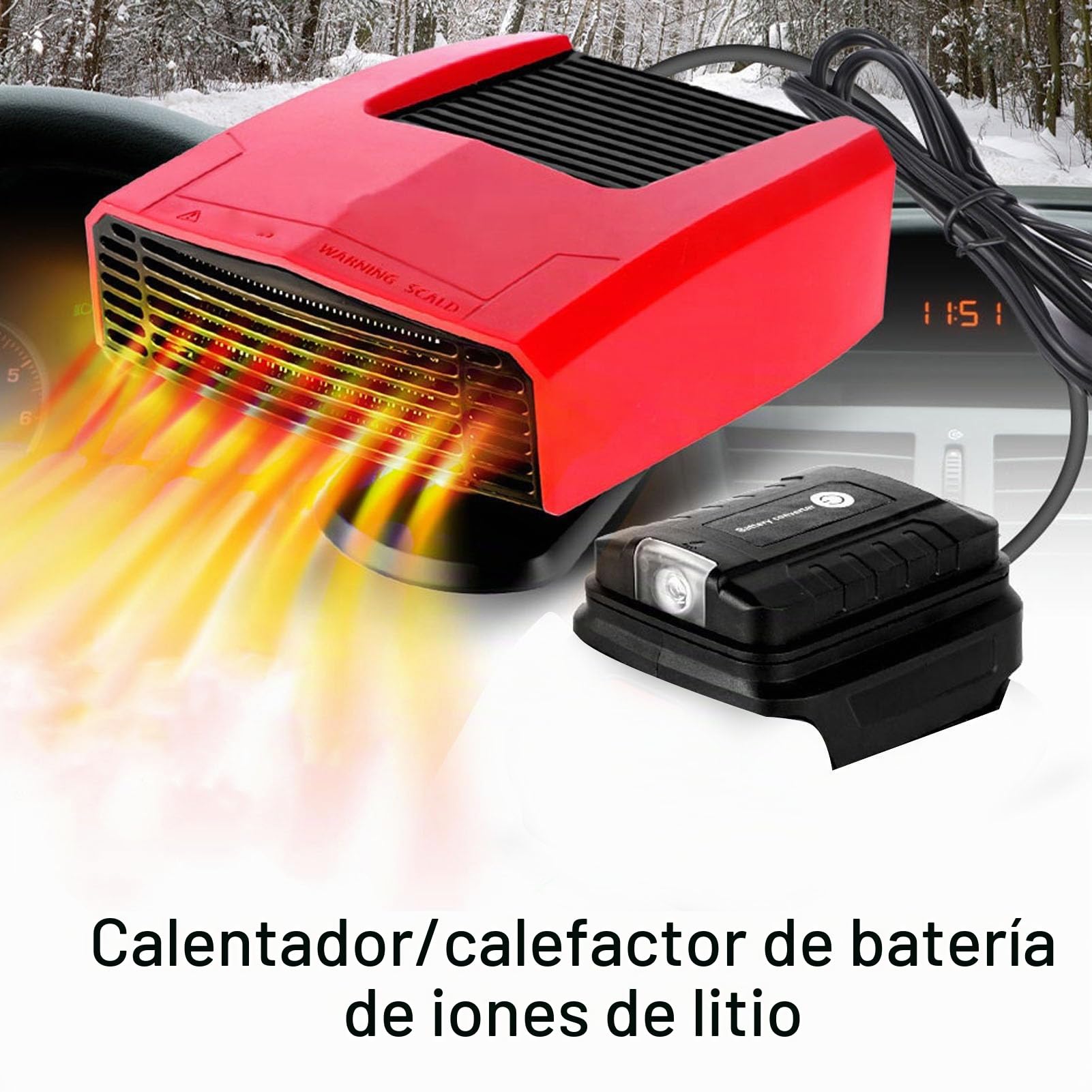 Fockety Calefactor a pilas, portátil y silencioso para espacios pequeños, con luz, puerto USB y termostato. Desempañador de ventanas recargable para coches, oficinas, exteriores.