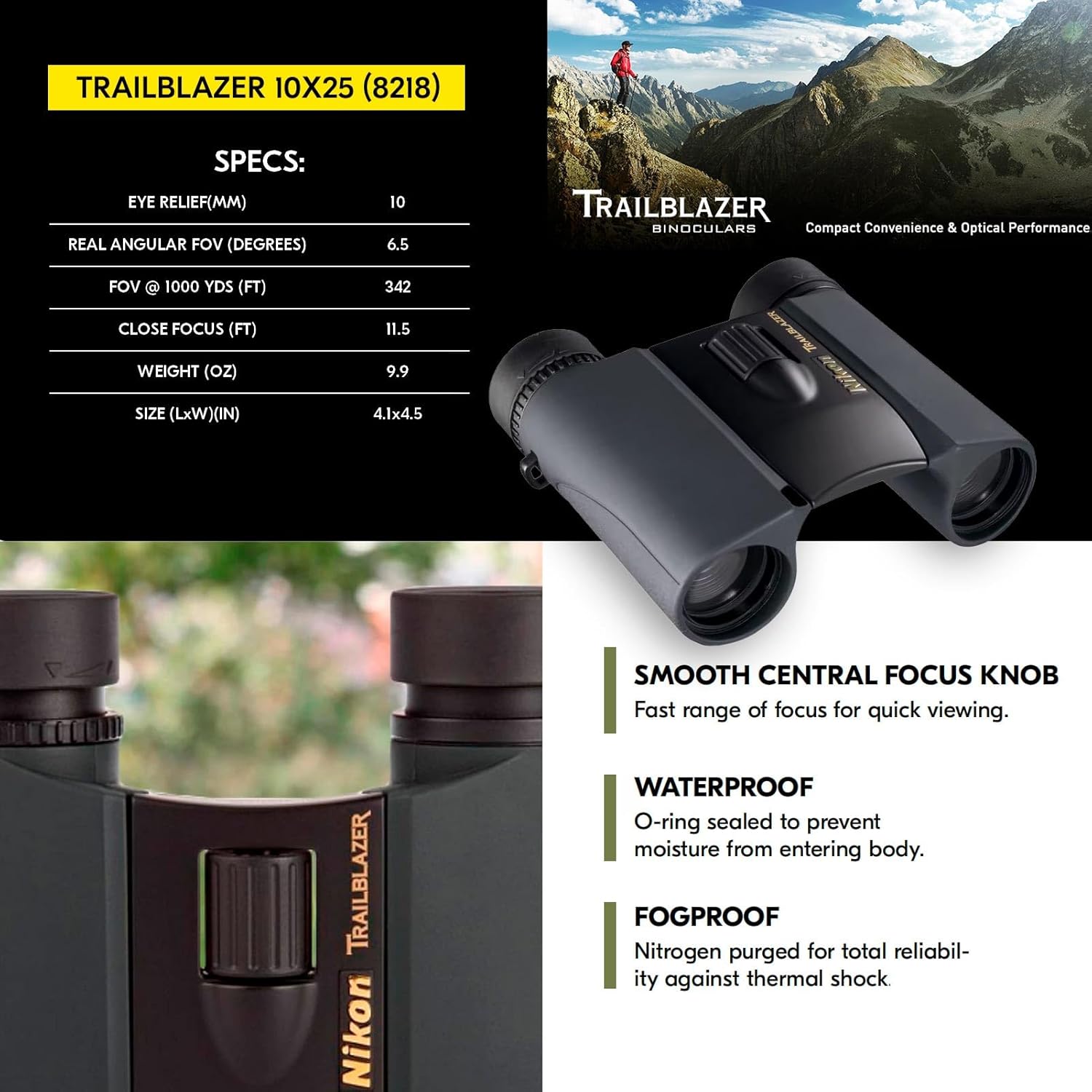 Nikon Trailblazer 10x25mm Binoculars - Compact, Waterproof & Fogproof, Bright Multilayer-Coated Optics, Roof Prism - All-Terrain Outdoor Wildlife Viewing & Birdwatching Binoculars (8218) - Image 7