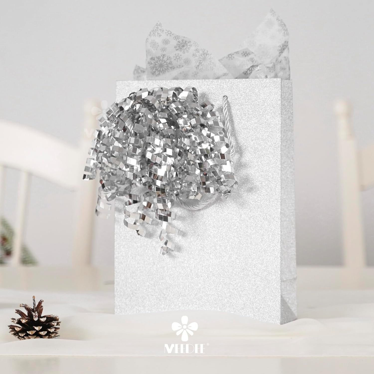 MEEDEE 6 Inch Silver Self-Adhesive Gift Bows, Metallic Crimped Curling Ribbon Bows for Christmas, Holiday, Everyday, and All-Occasion Gift Wrapping Paper, Bags, and Boxes Decorations (12 Count) - Image 4