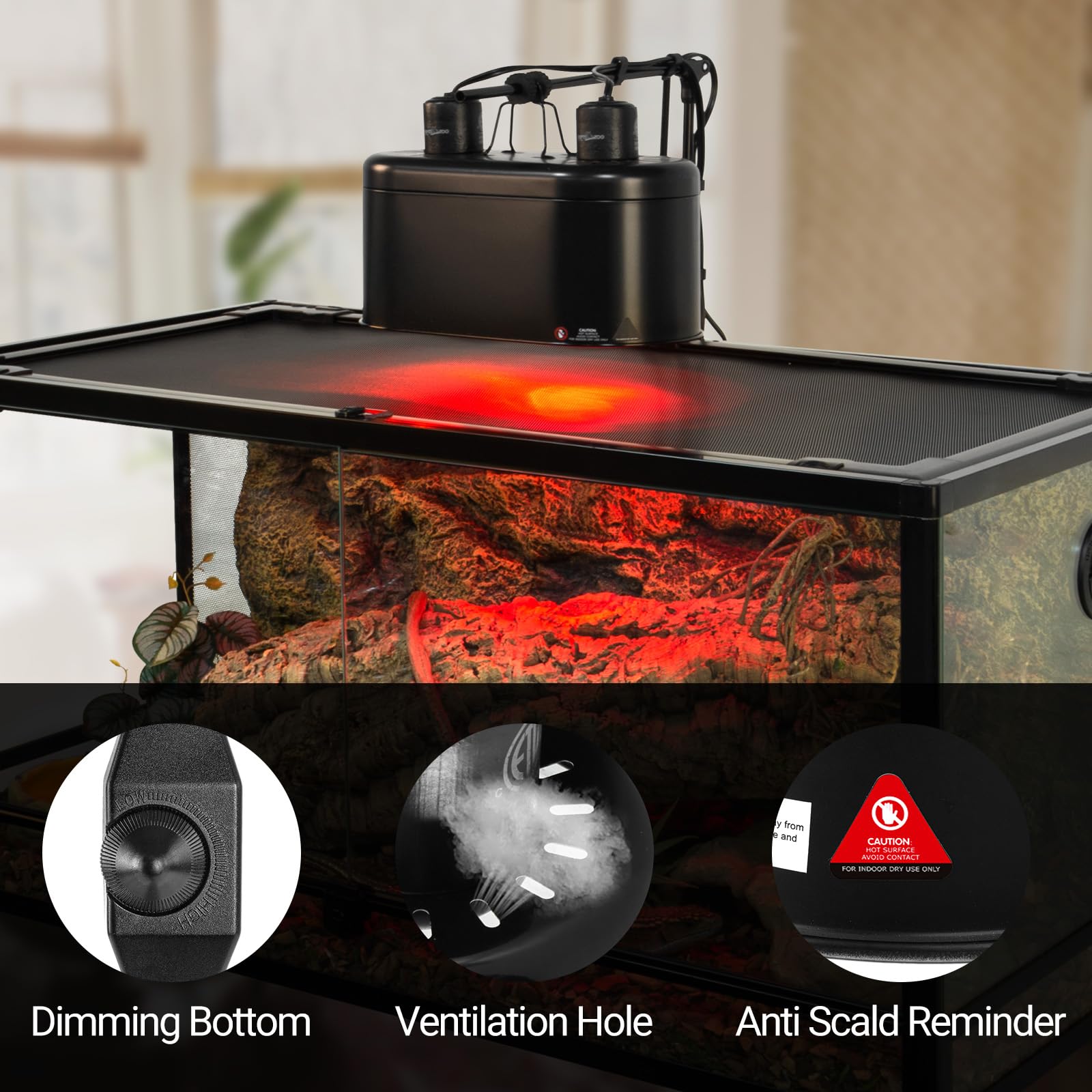 REPTI ZOO Dual Reptile Light Fixture with Dimming, Deep Dome Reptile Heat Lamp Fixture, UVB Light Dual Fixture Lamp Cap for Reptile Terrarium Tank - image 6