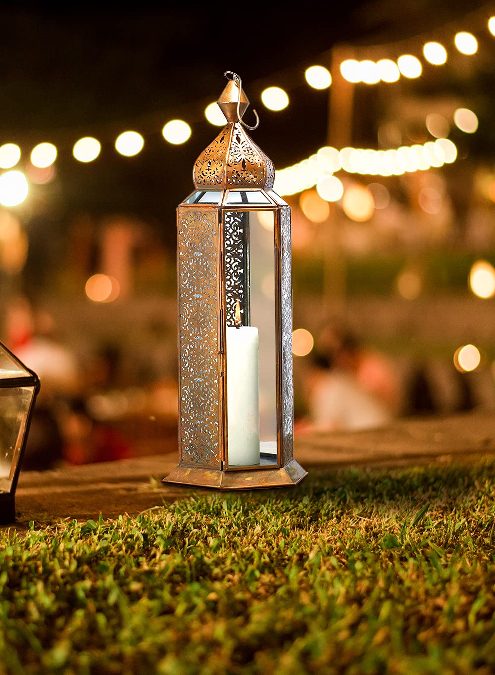 Serene Spaces Living Antique Bronze Decorative Metal Lantern, Scrollwork Pattern Candleholder Lantern, Bronze Lantern Centerpiece for Wedding, Holiday, Event, Measures 5.75